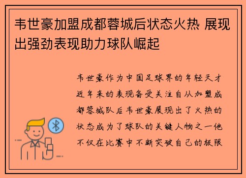 韦世豪加盟成都蓉城后状态火热 展现出强劲表现助力球队崛起