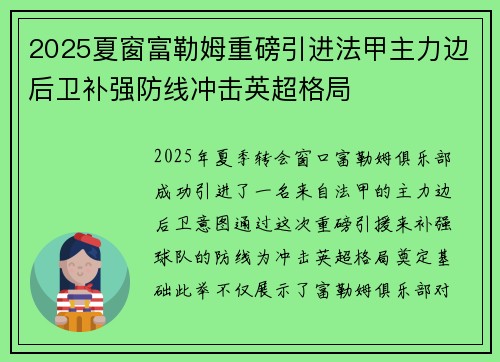 2025夏窗富勒姆重磅引进法甲主力边后卫补强防线冲击英超格局