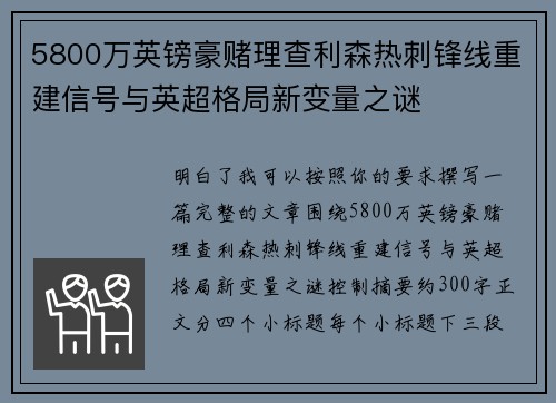 5800万英镑豪赌理查利森热刺锋线重建信号与英超格局新变量之谜